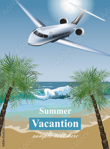 Summer Vacation card with tropic beach and a plane Vector. Travel card exotic...