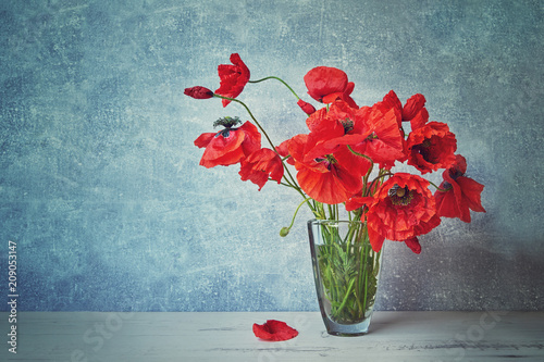 Fototapeta Naklejka Na Ścianę i Meble -  Red popies flowers in glass vase. Toned image. Copy space