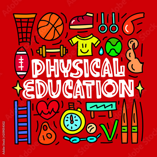 Physical education. Subject concept.Lettering card. Vector illustration