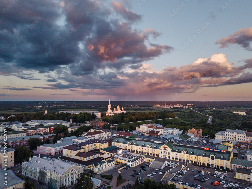 Aerial view on the center of the city of Vladimir and Assumption Cathedral on sunset. Vladimir. Russia.