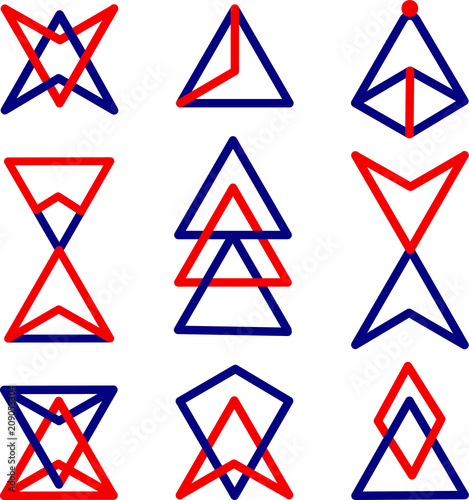 Free Download Set of geometric logos made of triangles and pyramids, outlines of red and blue on a white background. Vector illustration. - GFXLoad
