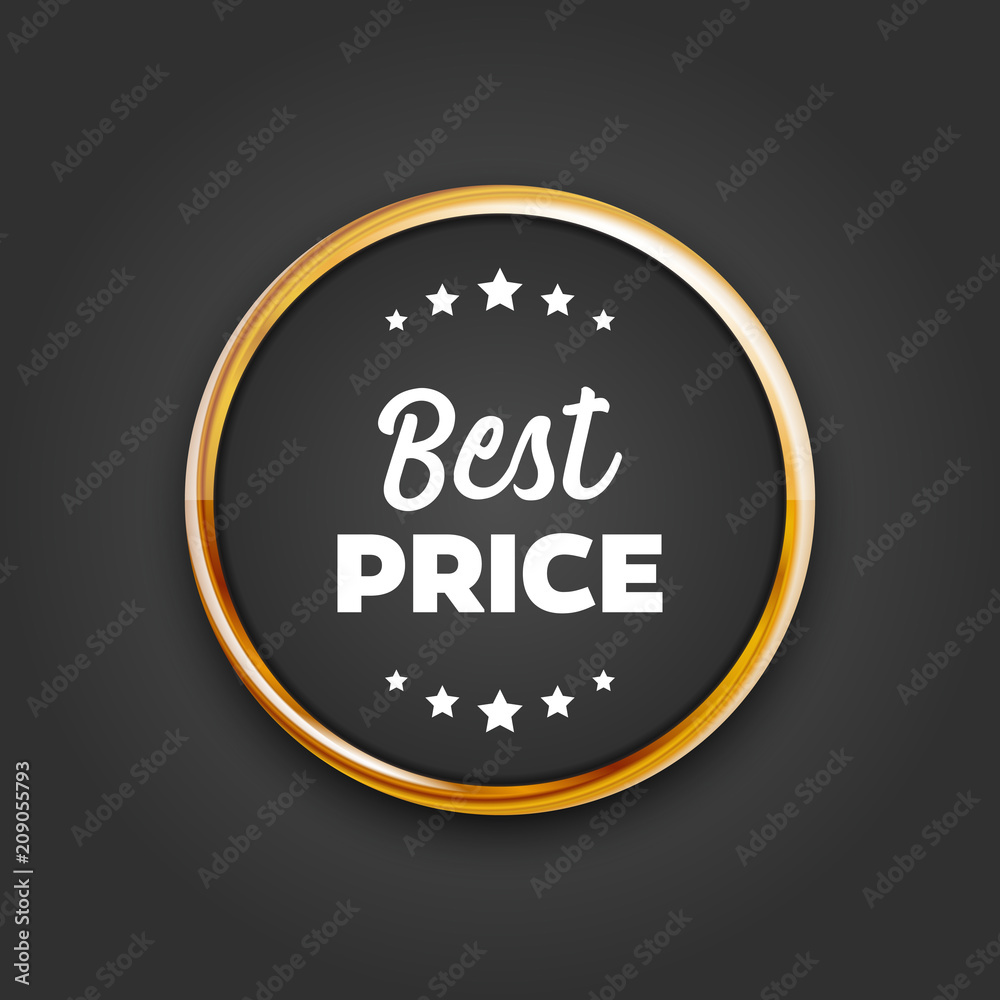 Gold colored best price circle banner isolated on dark background. Can be used on any background. Vector illustration. Gold colored best price circle banner isolated on dark background. Can be used on any background. Vector illustration.