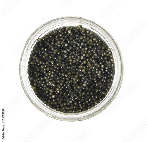 Closeup of black sturgeon caviar in a glass can