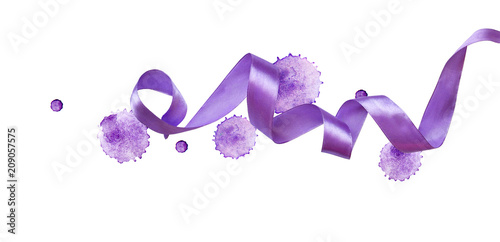 Curled violet silk ribbon watercolor blots