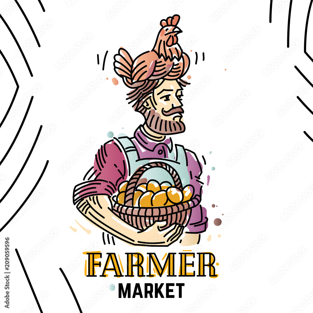 Peasant with hen on his head and basket with eggs. Illustration in linear style on the topic farmer market