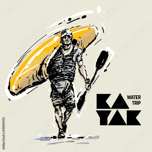 Kayaker. Sketch style vector illustration