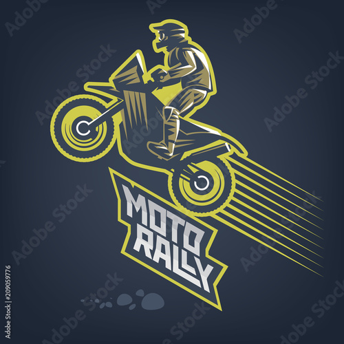 Moto rally. Vector sport emblem on dark background
