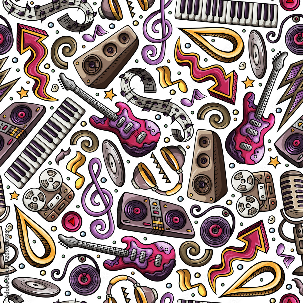 Obraz premium Cartoon hand-drawn Disco music seamless pattern