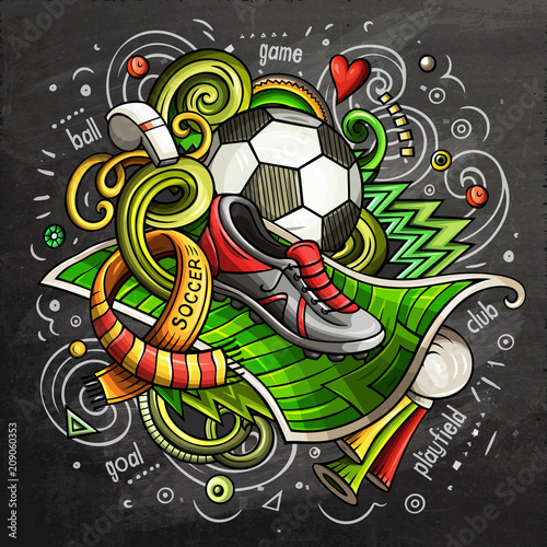 Soccer cartoon vector doodle illustration. Chalkboard design