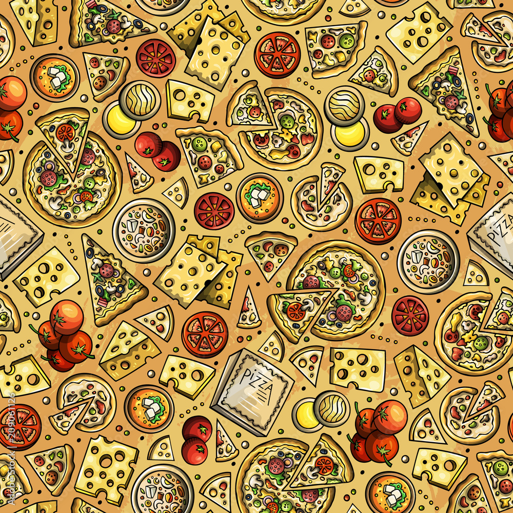 Naklejka premium Cartoon cute hand drawn Pizza seamless pattern.