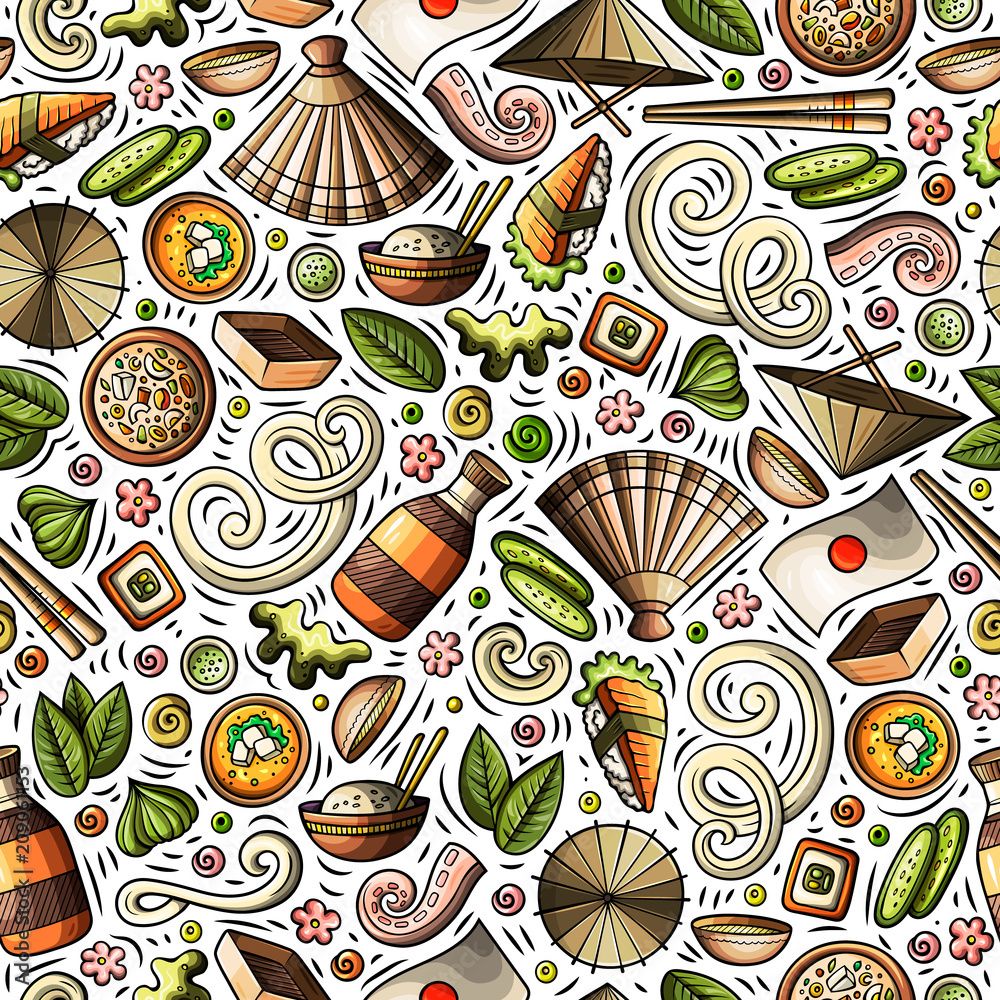 Naklejka premium Cartoon cute hand drawn Japan food seamless pattern