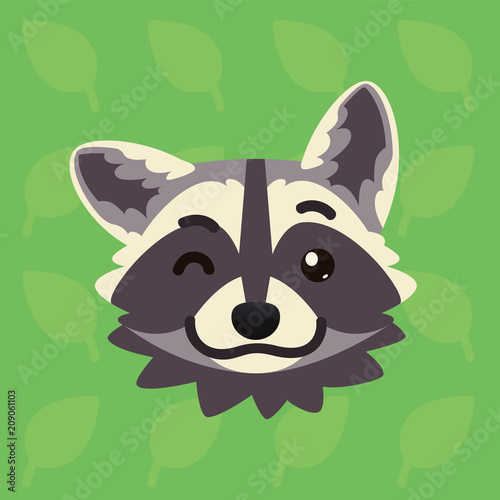 Racoon emotional head. Vector illustration of cute coon blinking shows playful emotion. Blink eye emoji. Smiley icon. Print, chat, communication. Grey raccoon in flat cartoon style on green background