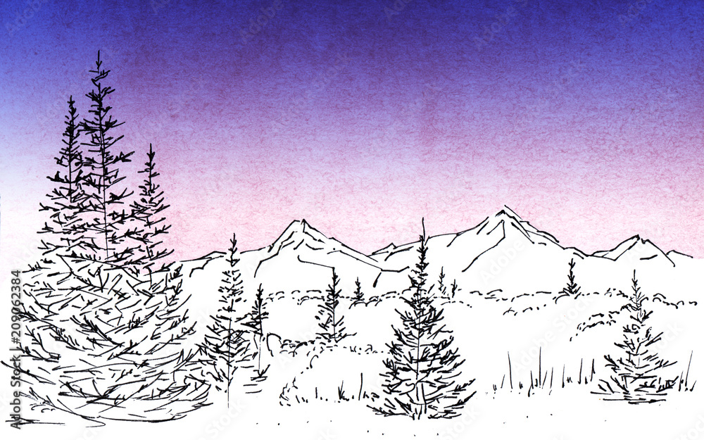 Landscape with a mountain chain and forest. In foreground there are three tall firs. Hand-drawn linear illustration on paper. Sketch with ink on toned with watercolor and digital gradient background.