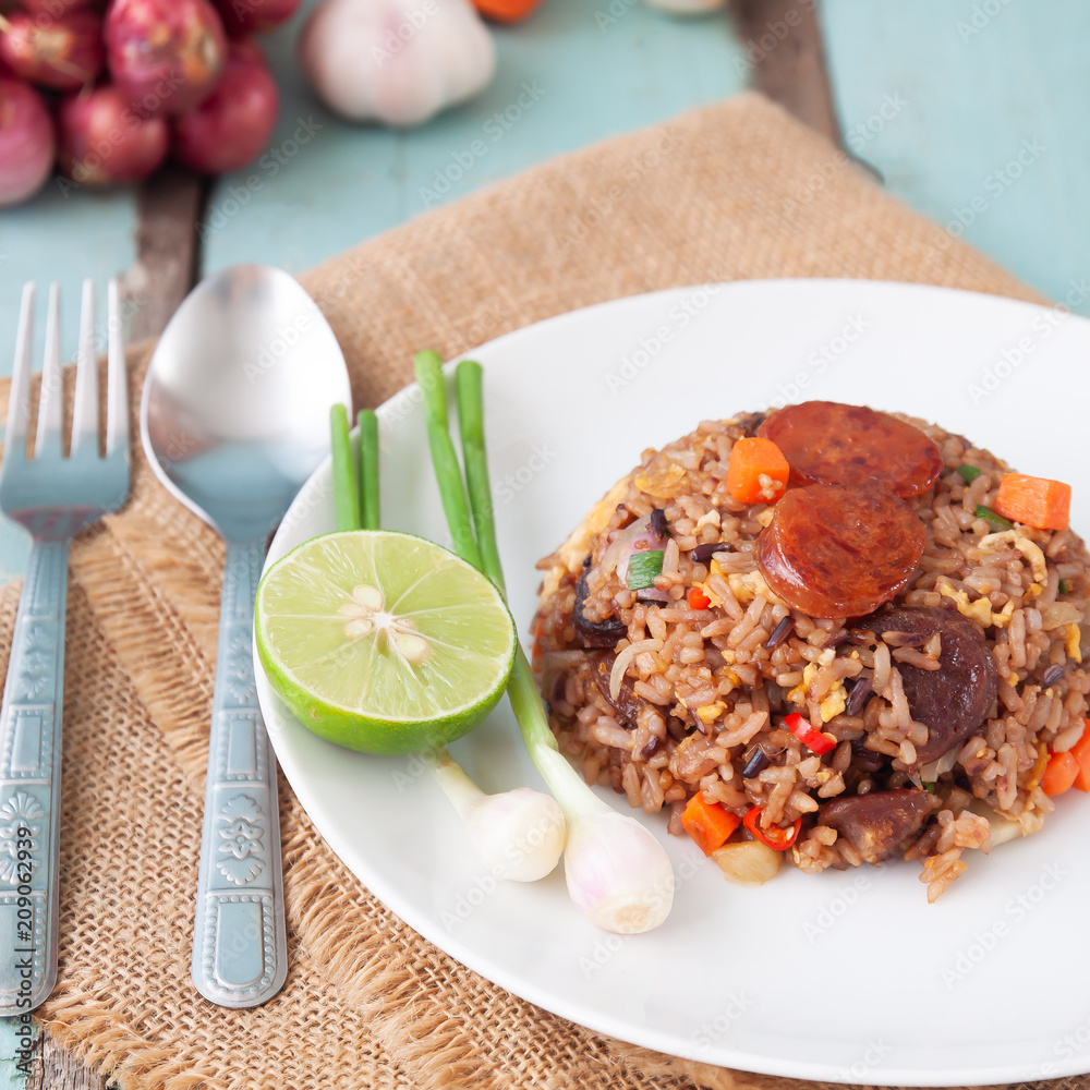 Asian fried rice with Thai sausage and egg, Healthy food Asian fried rice with Thai sausage and egg, Healthy food