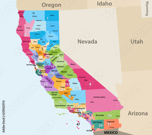 California's Congressional districts vector high detailed map photo