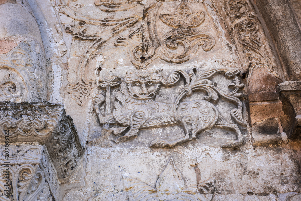 Detail of the bas-relief on the outer wall of St. George's Cathedral in Yuryev-Polsky, Russia