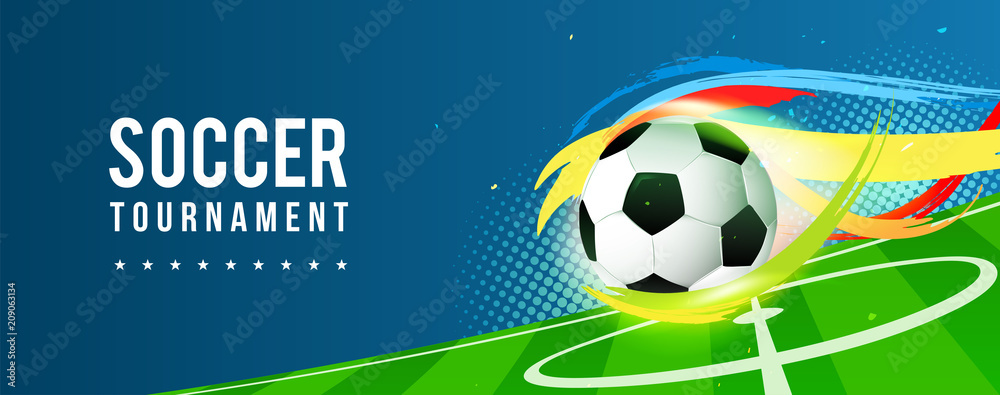 Soccer tournament banner vector illustration. Ball in football pitch ...