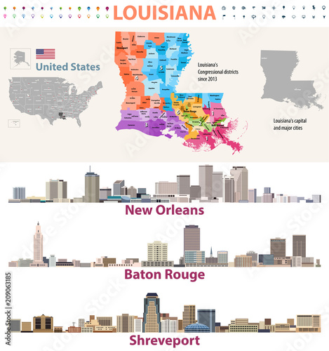 Louisiana's Congressional distrcits vector map with major cities skylines photo