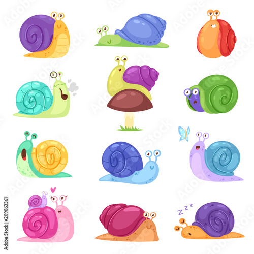 Snail vector snail-shaped character with shell and cartoon snailfish or snail-like mollusk kids illustration set of lovely snail-paced slugs isolated on white background