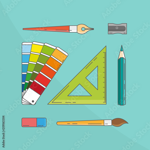 Graphic design tools vector illustration including pen, brushes, pencil, ruler, color swatch, eraser and pencil sharpener