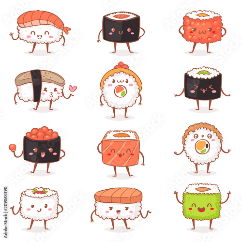 Sushi kawaiivector japanese food sashimi roll emoticon or nigiri emoji seafood with rice in Japan restaurant illustration Japanization cuisine with facial emotions set isolated on white background