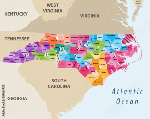 vector map of North Carolina's congressional districts with neighbouring states