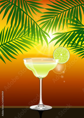 Realistic vector summer sunset poster with Margarita cocktail