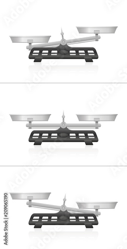 Weighing scales. Equal and unequal weightiness, two pans in balance and imbalance, Isolated vector illustration on white background.