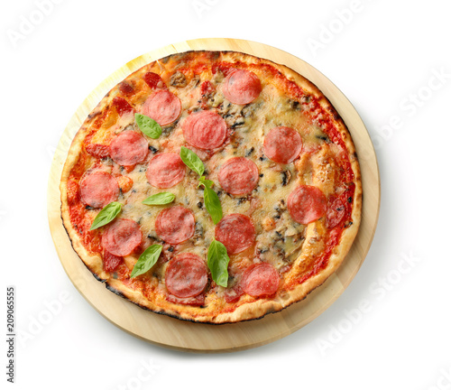Wooden board with tasty pepperoni pizza on white background