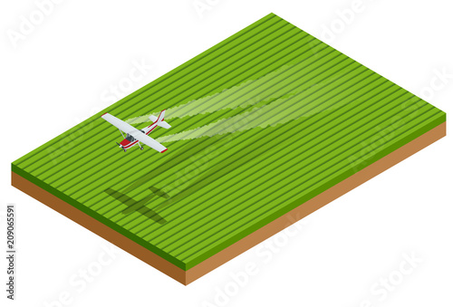 Isometric crop duster applies chemicals to a field of vegetation. Vector illustration