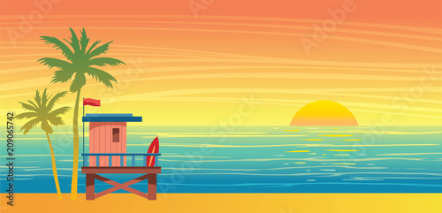 Summer landsape - lifeguard station, sea, palm and sunset.