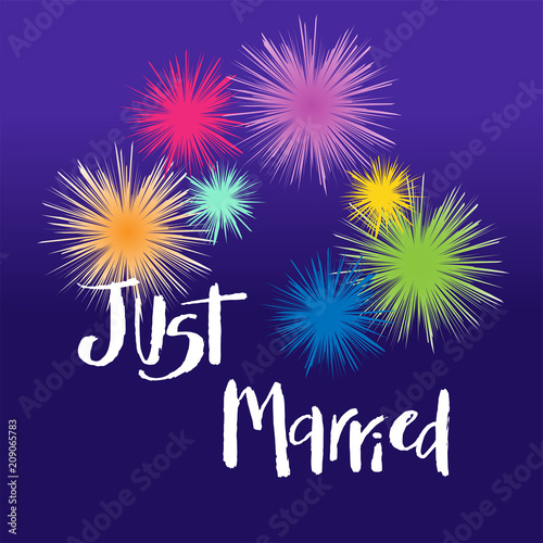 Just married hand drawn lettering. Vintage greeting card, marriage invitation, poster, banner, logo, icon.