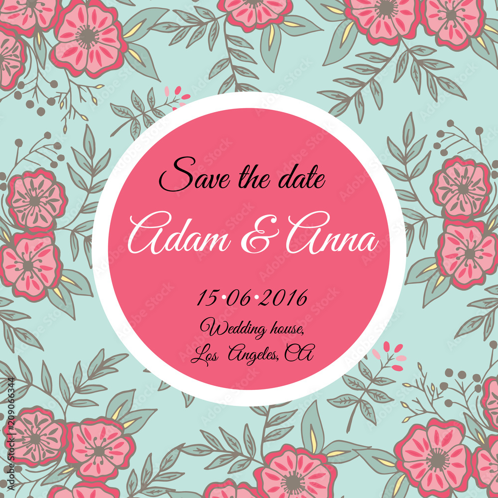 Wedding invitation with flowers. Save the date design. Hand drawn vector illustration. Stock vector