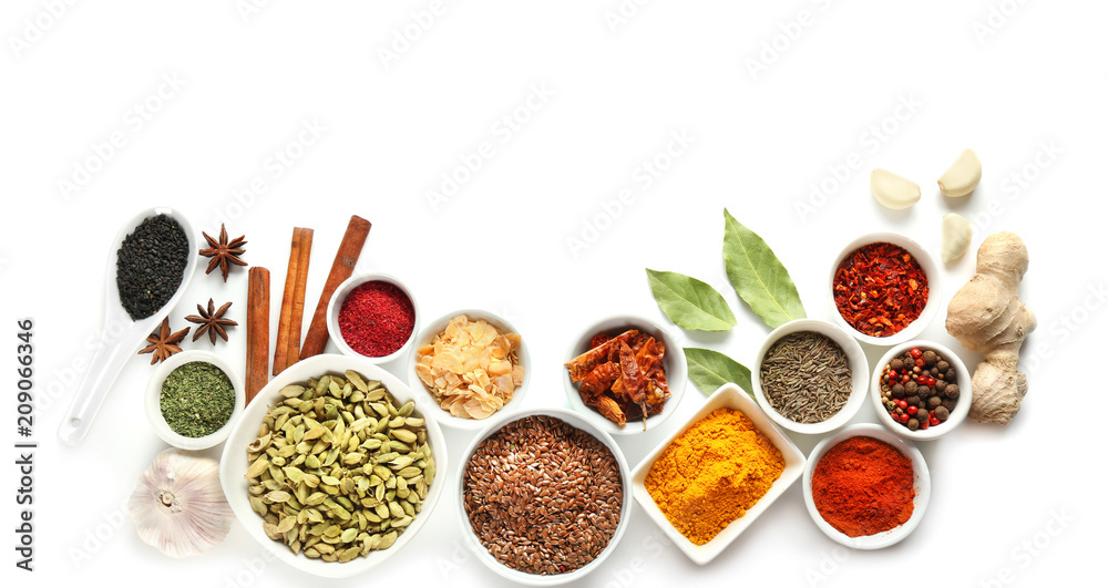 Variety of spices on white background - obrazy, fototapety, plakaty 