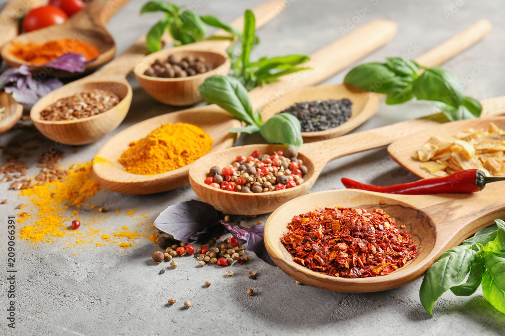 Variety of spices in spoons on grey background Variety of spices in spoons on grey background