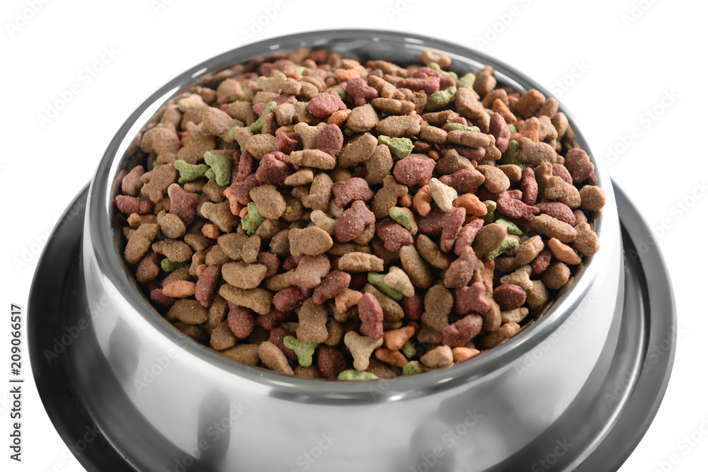 Pet food in metallic bowl on white background, closeup Pet food in metallic bowl on white background, closeup