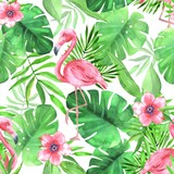 Seamless tropical pattern with pink flamingos. Watercolor illustration 3