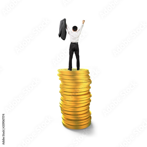 Rear view of businessman standing and cheering on top of golden coins stacks, isolated on white background, concept of business financial growth success.