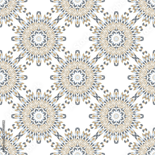 Oriental seamless geometric fabric pattern. Ethnicity ornament. Ornamental background, texture, tiled. Floral elements, mandala decor. Arabic, Islamic, moroccan, asian, indian native african motifs.