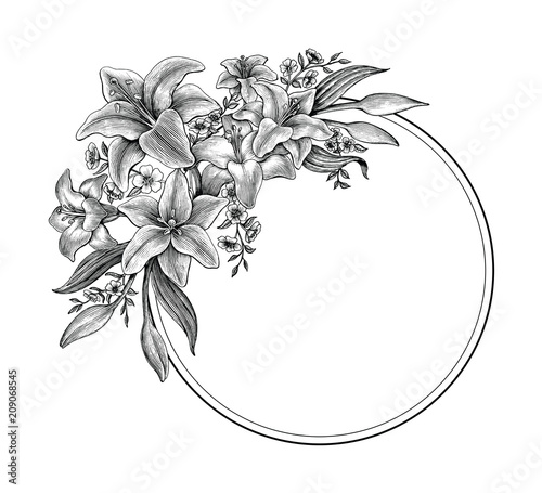Lily flowers hand drawing vintage black and white clip art for make greeting card