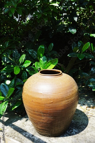 Handmade stoneware pot in sunny outdoors