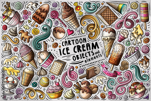 Vector doodle cartoon set of Ice Cream items, objects and symbols