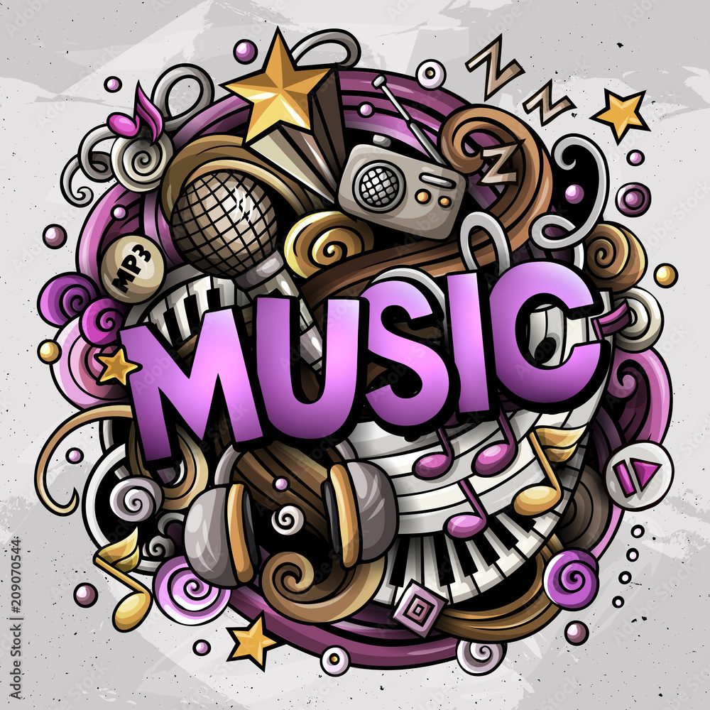 Cartoon cute doodles Music word. Colorful illustration