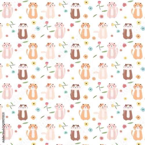 Cute Cat And Floral Pattern Background. Vector Illustration.