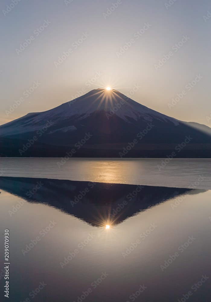 Fuji Diamond. Fuji diamond at Lake Yamanakako in winter season. Diamond Fuji is the name given to the view of the setting sun meeting the summit of Mt. Fuji.