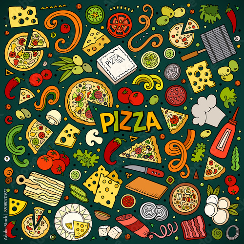 Vector cartoon set of Pizzeria objects and symbols