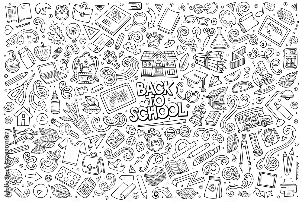 Vector doodle cartoon set of School objects and symbols