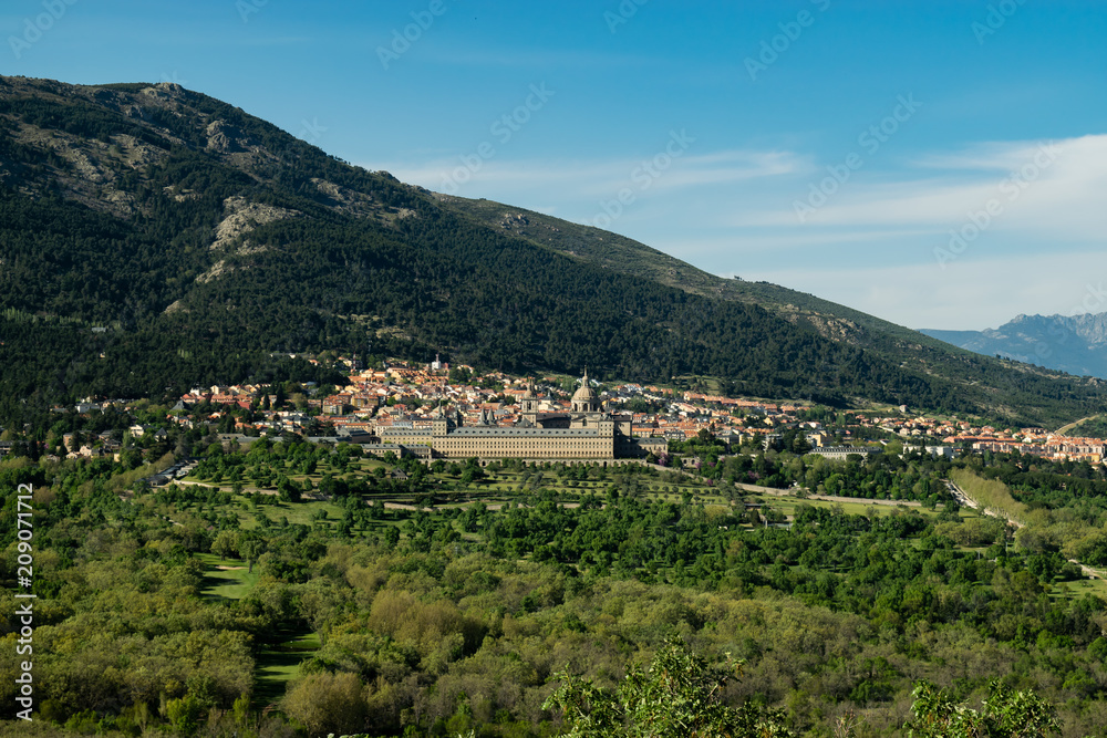 View towards the Royal Monastery of San Lorenzo del Escorial. Photograph taken from the Chair of Felipe II in the municipality of El Escorial in Madrid (Spain)
