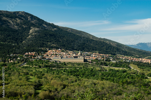 View towards the Royal Monastery of San Lorenzo del Escorial. Photograph taken from the Chair of Felipe II in the municipality of El Escorial in Madrid (Spain)