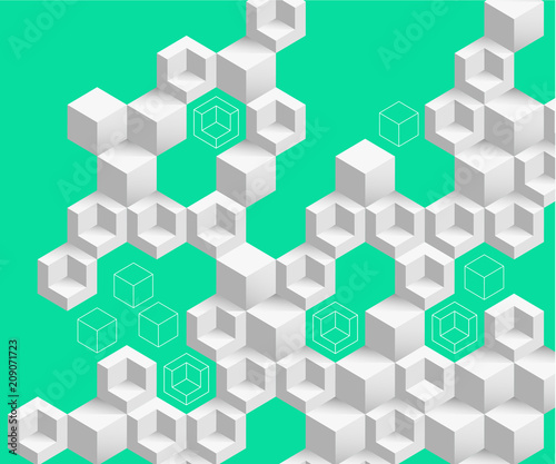 Green abstract background with white geometric pattern.